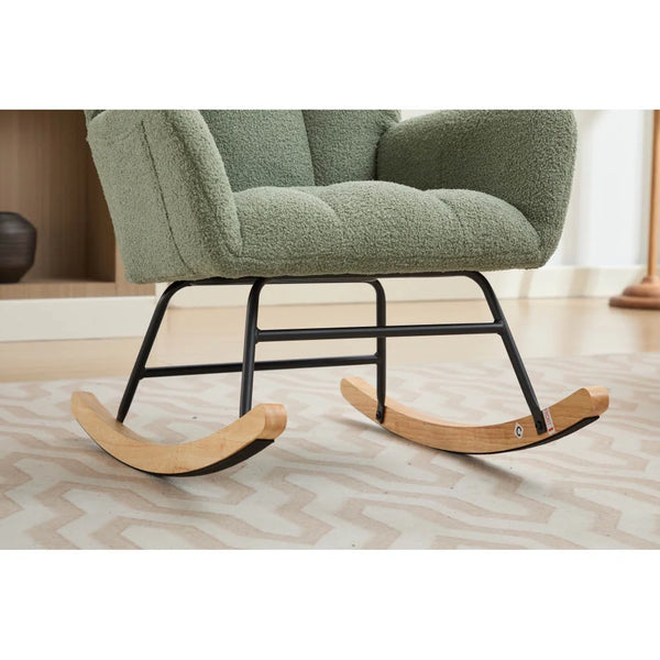 Nursery Rocking Chair Upholstered Glider Chair with High Backrest Rocker Accent Armchair with Solid Wood Legs for Nursery Bedroom Living Room Teddy(Green)