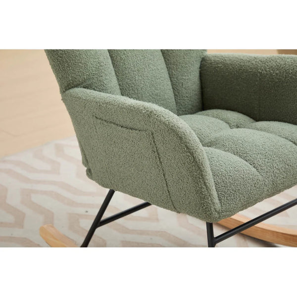 Nursery Rocking Chair Upholstered Glider Chair with High Backrest Rocker Accent Armchair with Solid Wood Legs for Nursery Bedroom Living Room Teddy(Green)