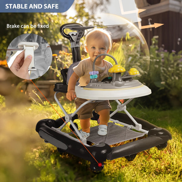 Foldable Baby Walker for Boys Girls, Baby Toys Sit to Stand Activity Center with Wheels, Seat and Height Adjustable 6 to 12 Months (Black)