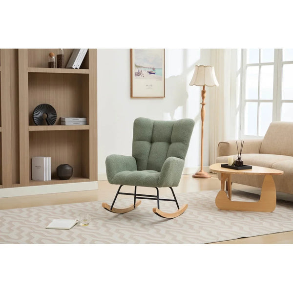 Nursery Rocking Chair Upholstered Glider Chair with High Backrest Rocker Accent Armchair with Solid Wood Legs for Nursery Bedroom Living Room Teddy(Green)