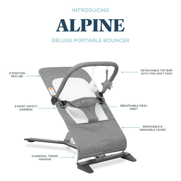 Alpine Deluxe Portable Baby Bouncer, for Infants 0-6 Months, Charcoal Tweed