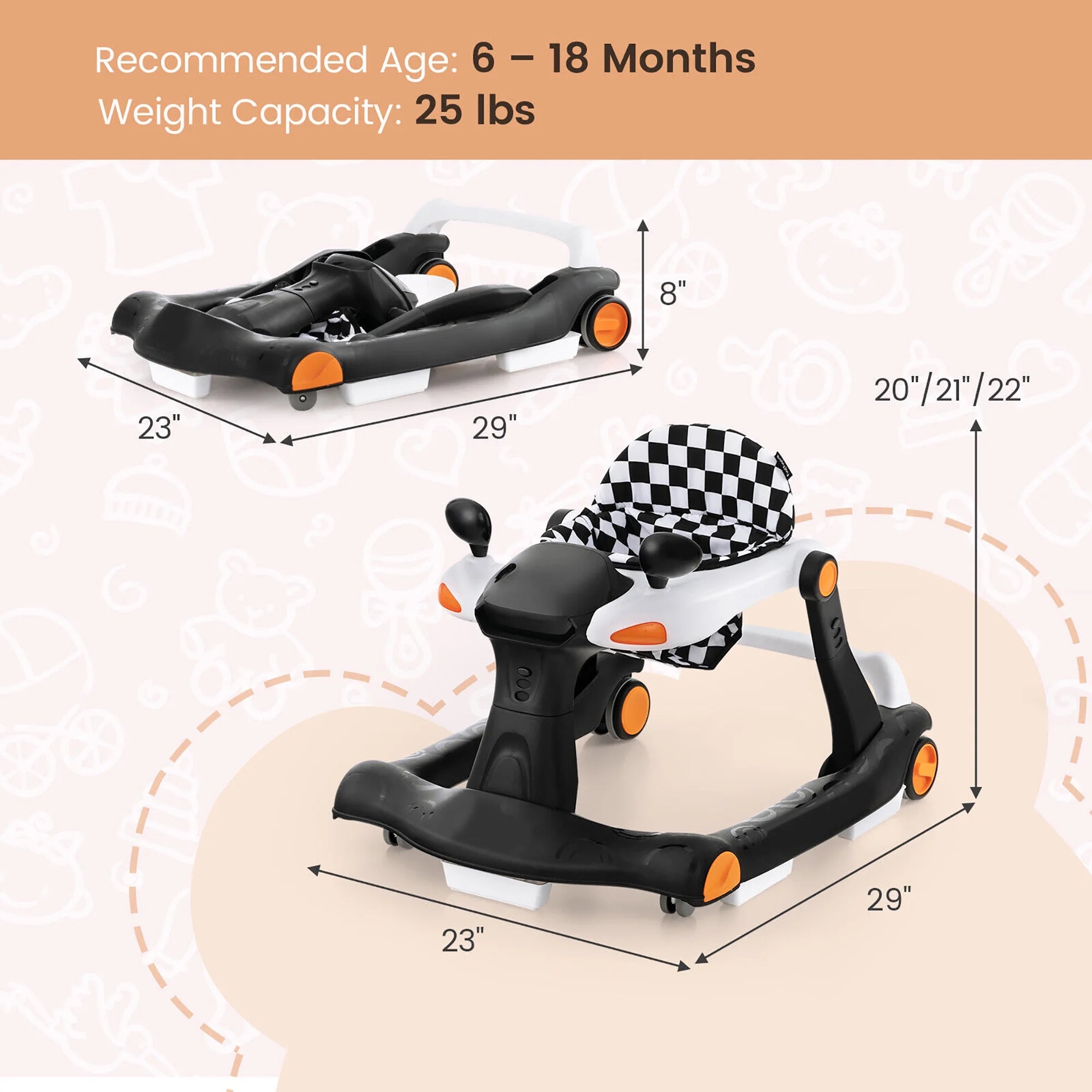 2-In-1 Baby Walker Foldable Activity Push Walker W/ Adjustable Height