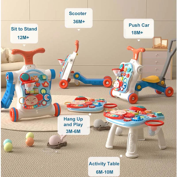 5 in 1 Baby Walker for Girls Boys, Assemble as Scooter/Motorbike/Activity Center/Detachable Panel, Sit to Stand Learning Educational Toys Gift for Infants 6 9 12 18 24 Months