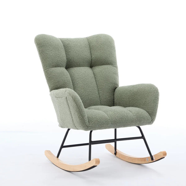 Nursery Rocking Chair Upholstered Glider Chair with High Backrest Rocker Accent Armchair with Solid Wood Legs for Nursery Bedroom Living Room Teddy(Green)