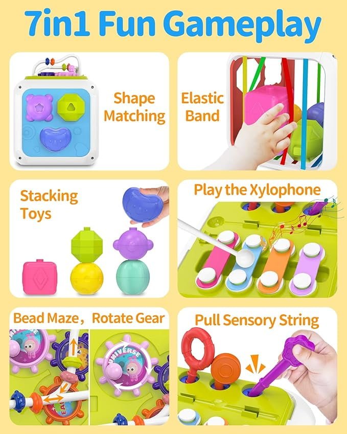 Byseng 7 - In - 1 Baby Activity Cube, Shape Sorter, Xylophone Toy for 6 - 12 Months - Baby Sessions