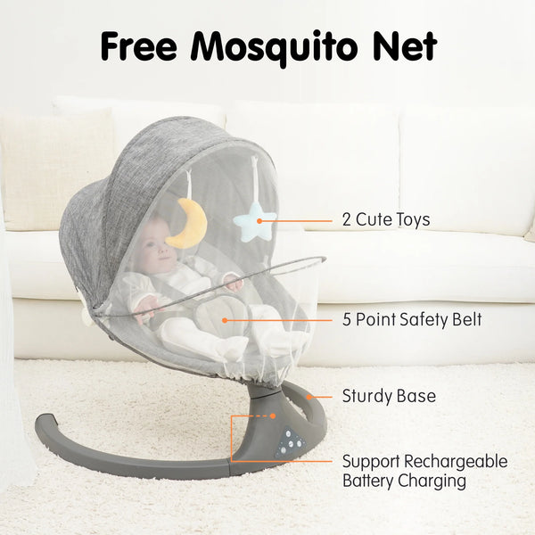 5-In-1 Large Baby Swing Bouncer with Rocking, Mosquito Net&Cute Toys Gray Striped for Toddler, 1 Count