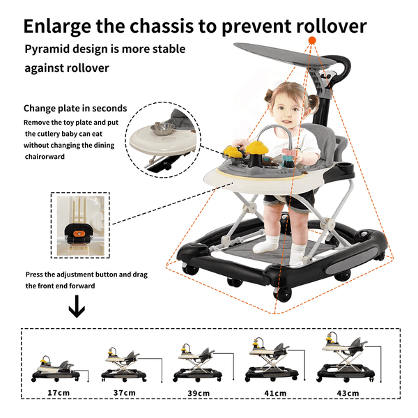 Foldable Baby Walker for Boys Girls, Baby Toys Sit to Stand Activity Center with Wheels, Seat and Height Adjustable 6 to 12 Months (Black)