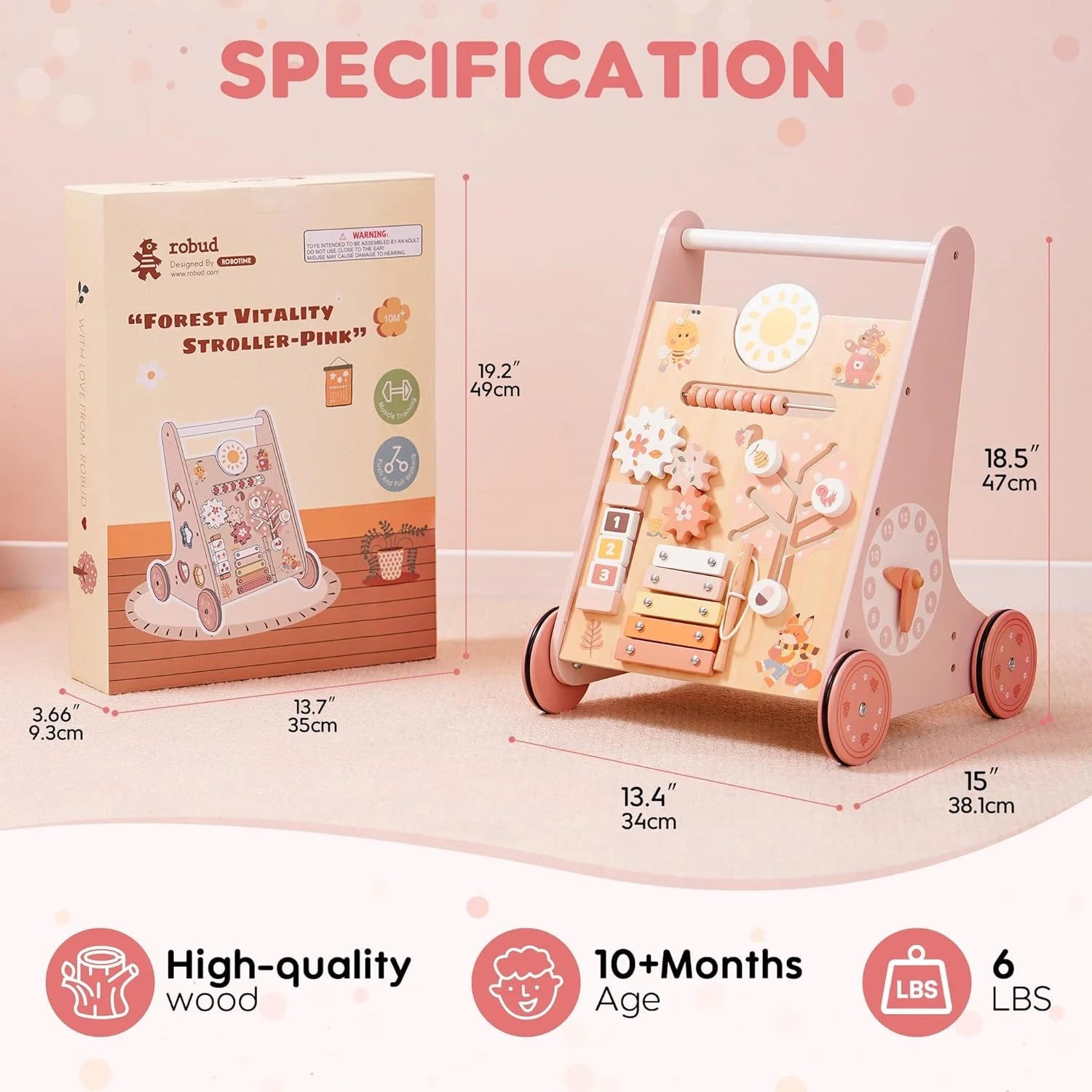 Wooden Interactive Walker with Xylophone & Puzzles - Baby Sessions